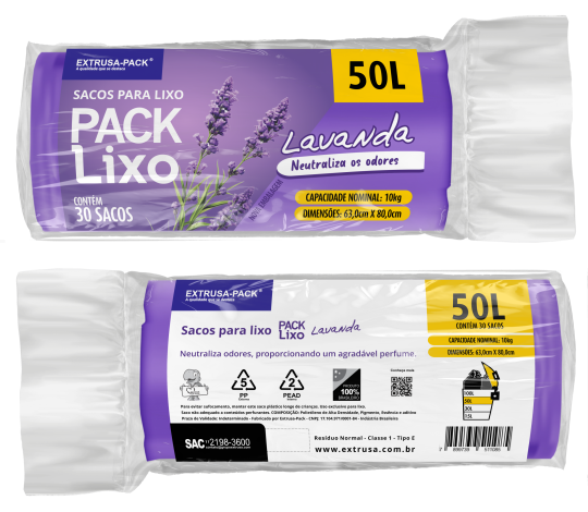 SACO DE LIXO LAVANDA 50 LITROS (63X80 CM) - FARDO COM 10 ROLOS (30 UND POR ROLO)