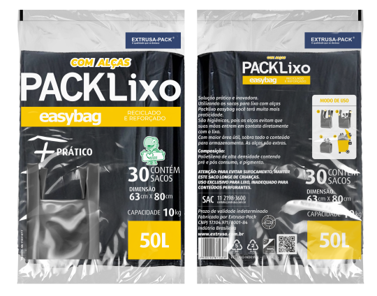 PACK LIXO EASY BAG COM ALçA REforçado reciclado 50 Litros Pacote com 30 UN