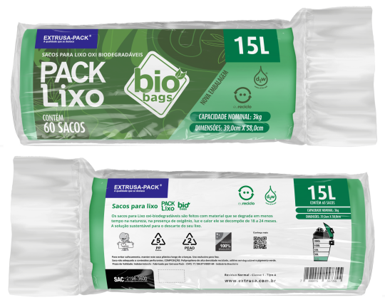 SACO DE LIXO BIOBAGS 15 LITROS VERDE (39X58 CM) - FARDO COM 10 ROLOS (60 UND POR ROLO)