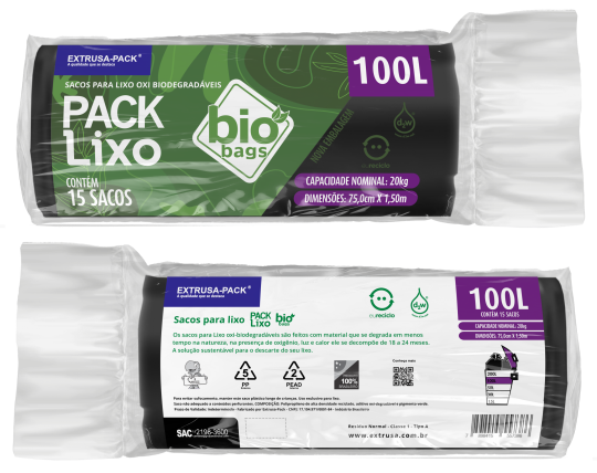 PACK LIXO BIOBAGS 100 LITROS PRETO 75X105 FD 10X15 UN