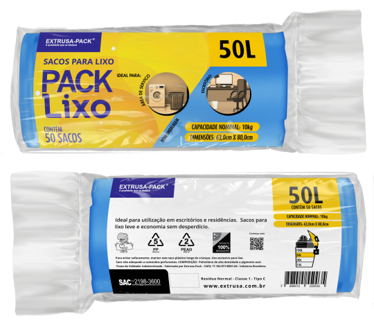 SACO DE LIXO 50 LITROS AZUL (63X80 CM) - FARDO COM 10 ROLOS (50 UND POR ROLO)