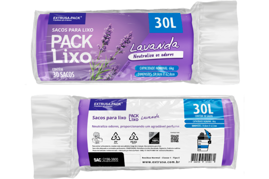 SACO DE LIXO LAVANDA 30 LITROS (59X62 CM) - FARDO COM 10 ROLOS (30 UND POR ROLO)